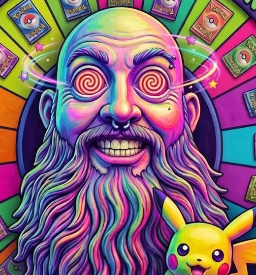 A psychedelic cartoon of Josh with spiral eyes and a huge grin, a Pikachu at his shoulder.